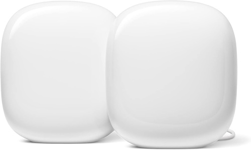 Product photo of two Google Nest WiFI Pro sensors