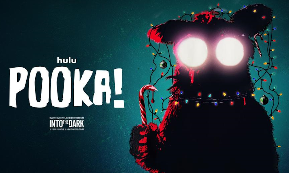 A banner for Pooka!, a horror movie on Hulu, depicting a scary silhouette of a plush mascot with wide, staring white eyes and who is holding a candy cane.
