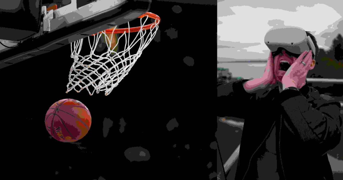 A pixelated collage of two photos: one of a basketball exiting the net and another of an amazed man wearing virtual reality goggles.