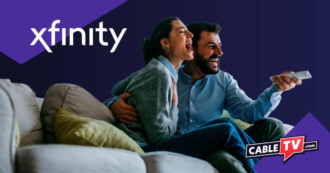 Xfinity logo, Caucasian man and woman relaxing by the TV in the living room