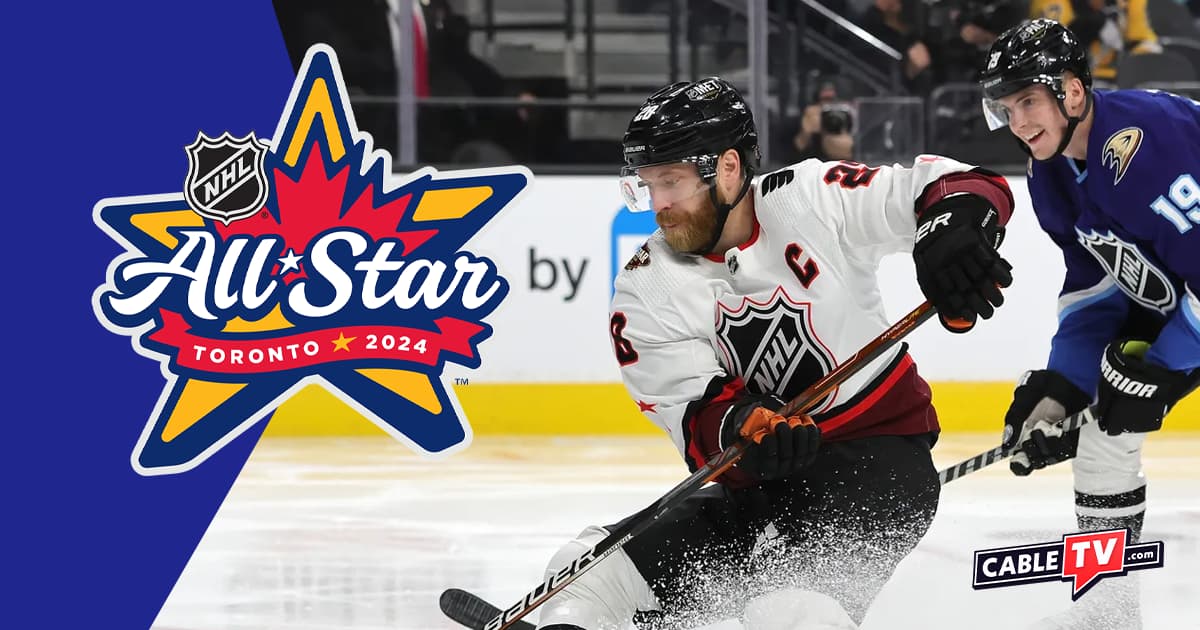 Action shot of NHL hockey alongside All-Star Toronto 2024 logo