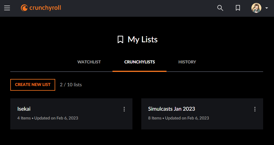 The Crunchylist selection screen showing two list titles: “Isekai” and “Simulcasts Jan 2023.”