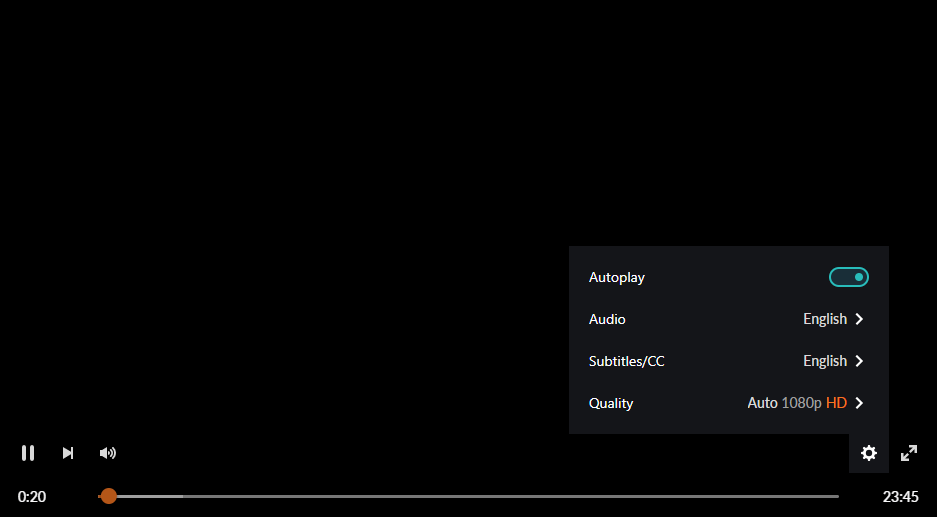 Crunchyroll’s video player. The actual video is blacked out due to copyright, but the menu shows settings for Autoplay, Audio, Subtitles, and Quality.