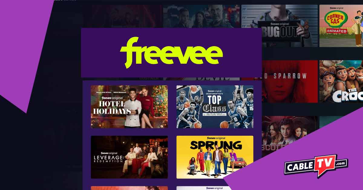 Freevee logo and shows and movies in the background