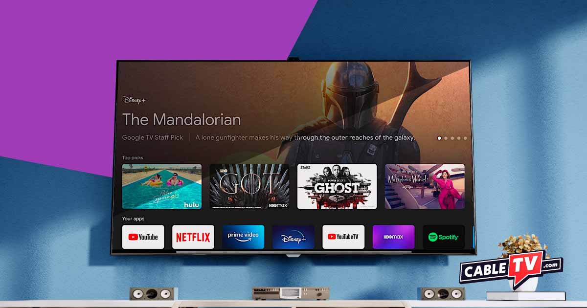 Smart Tv showing options of streaming apps and a the Mandalorian show behind the apps