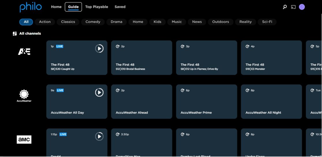 Screenshot of Philo channel guide