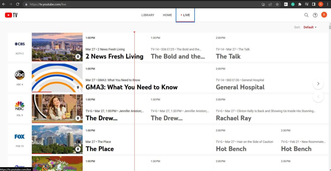 Screenshot of YouTube TV channel guide
