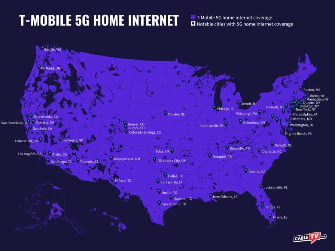 A map of the U.S. that shows cities and states with T-Mobile 5G Home Internet service.