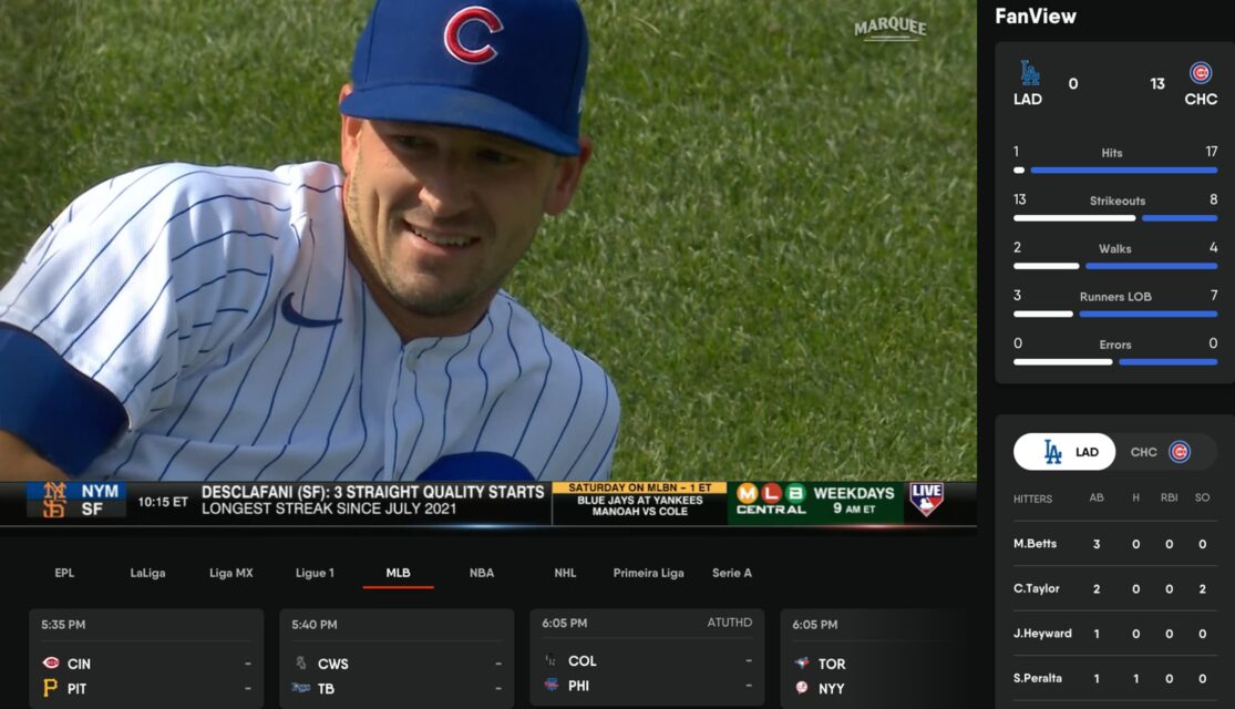FanView on fuboTV displays an MLB game alongside game stats and scores from across the league.