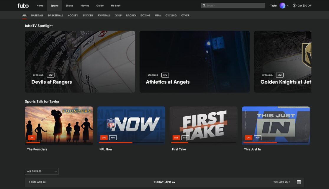 The fuboTV Sports menu displays rows of live and upcoming sports programs.