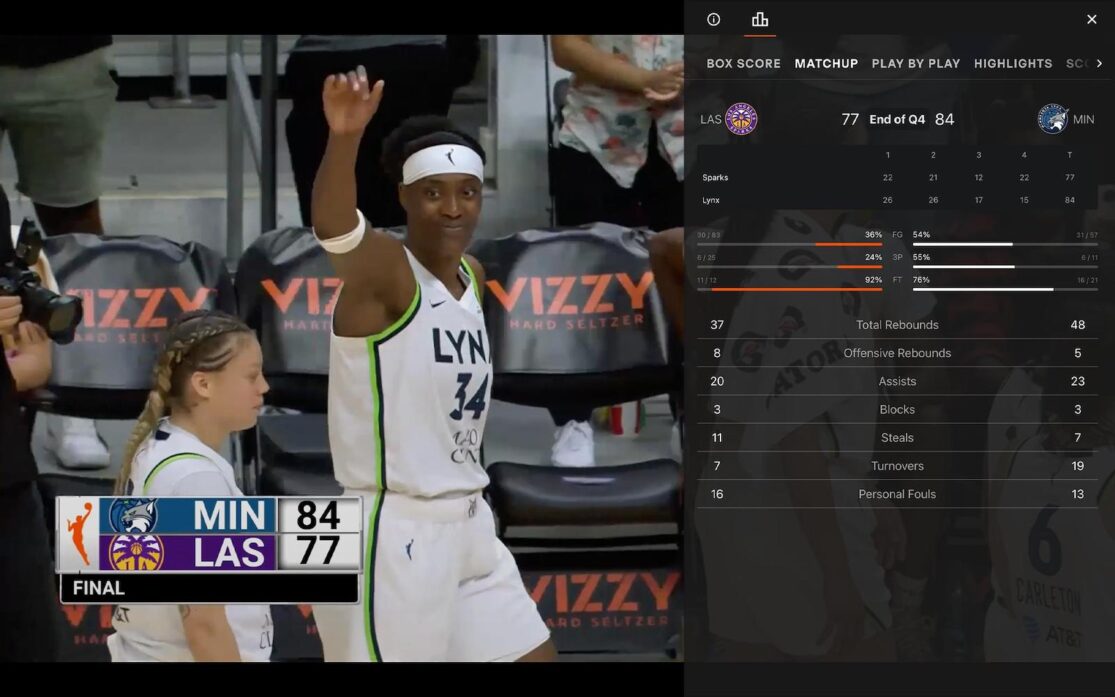 WNBA League Pass’s statistical overlay covers the right half of the video player.