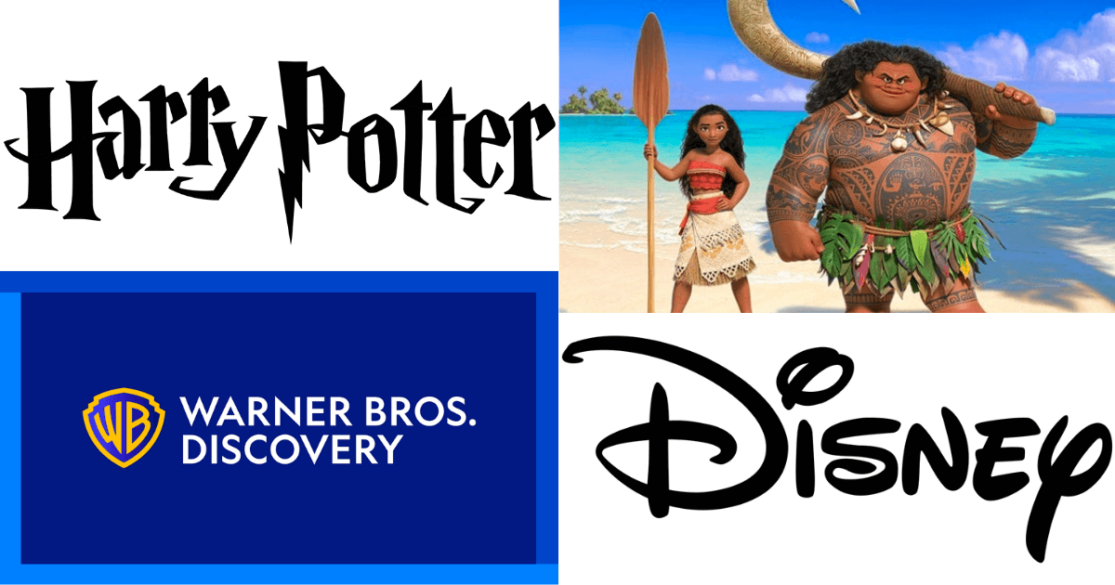 Logos and images of Disney and Warner Brothers