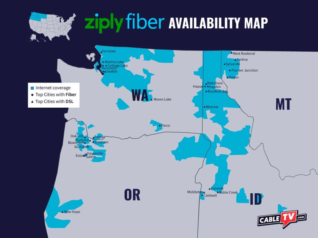 A map showing Ziply's availability in Washington state, Idaho, Montana, and Oregon.