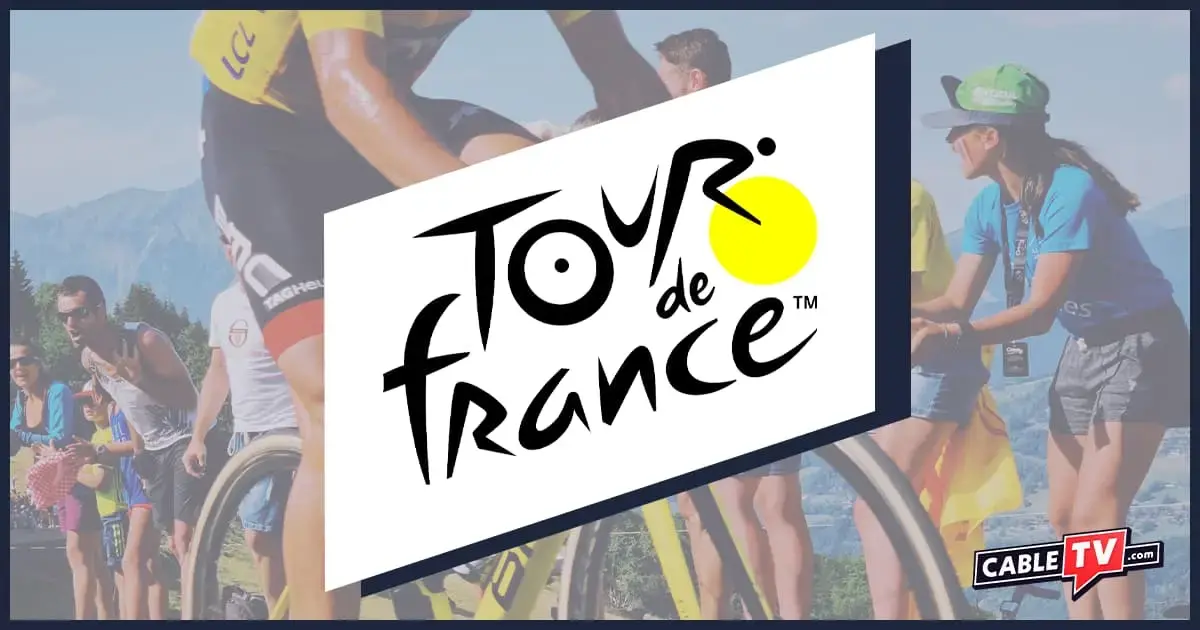Watch Tour de France Tour de France logo over image of fans cheering for cyclists.