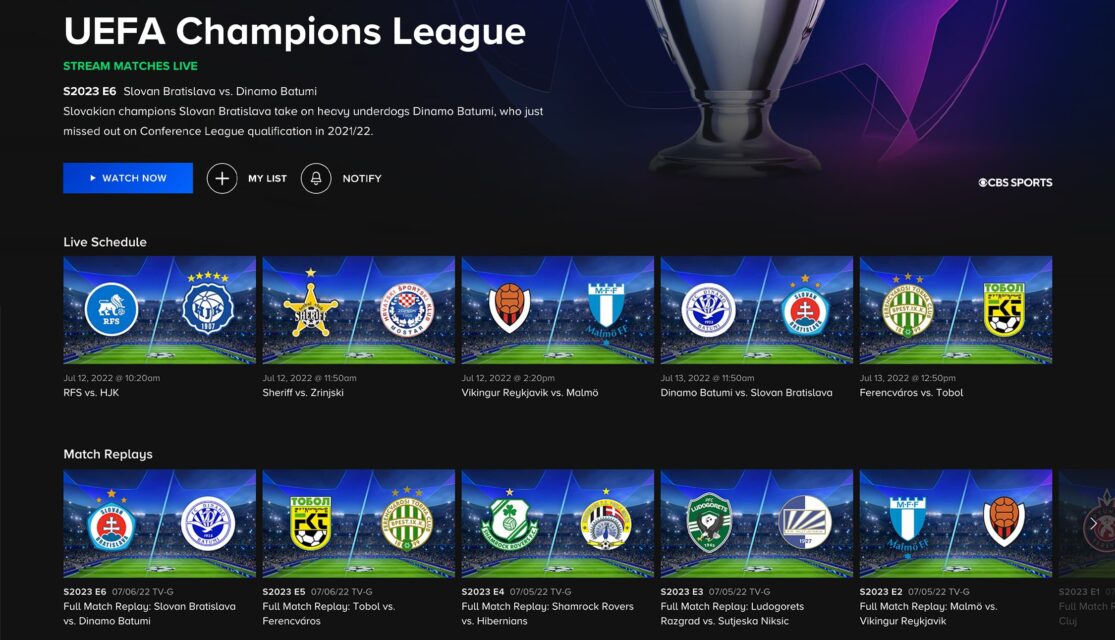 The Champions League show page on Paramount Plus displays a live schedule and match replays.