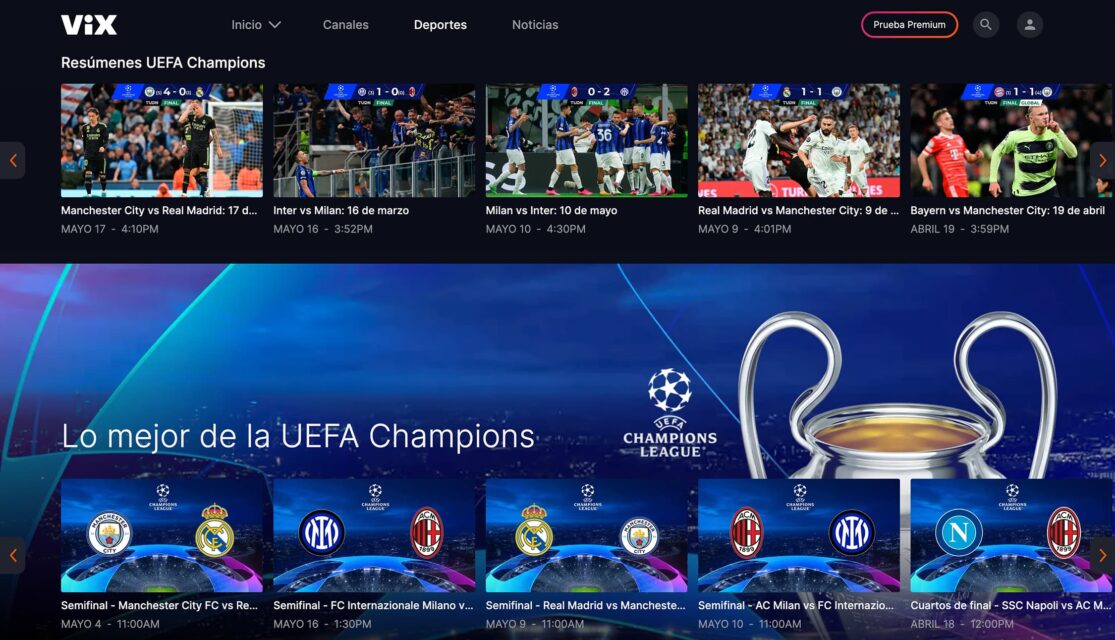 The ViX Deportes tab features UEFA Champions League highlights and replays.