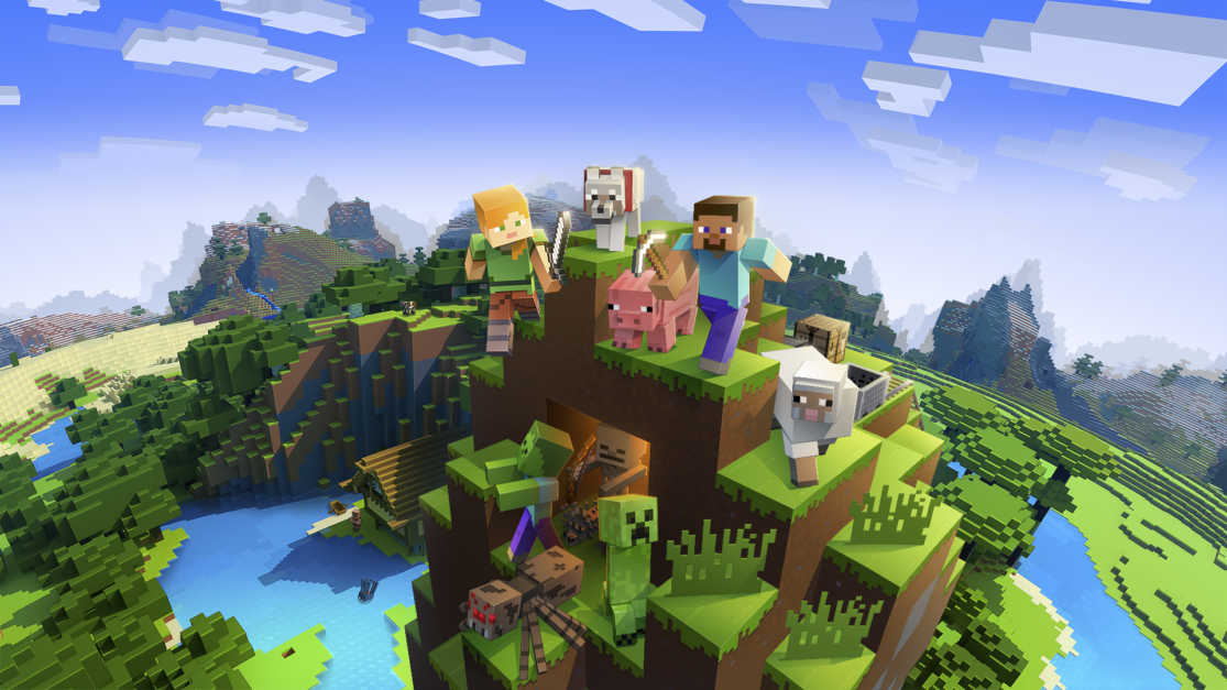 Promotional art of characters up a mountain in Minecraft.