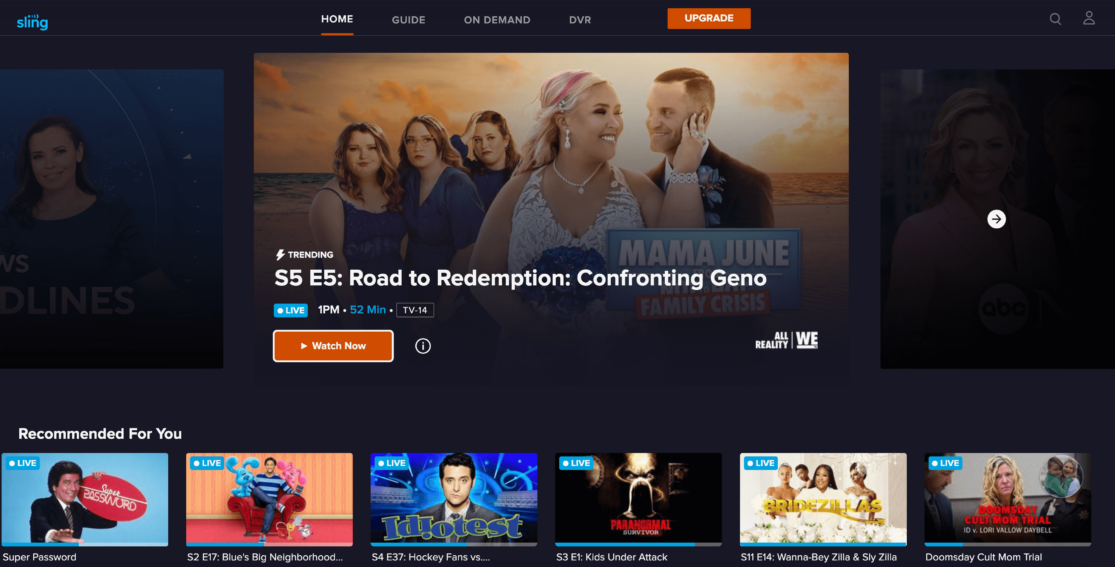 Sling Freestream home page with featured live programing