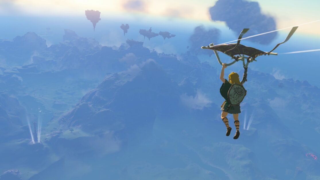 Link flying through the air on a paraglider from the video game The Legend of Zelda.