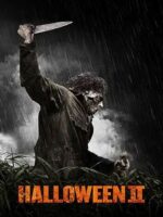 Rob Zombie's Halloween II movie poster shows Michael from the waist up, knife held high. The image is in black-and-white except for the films title, which is in orange,