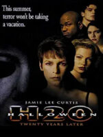 The Halloween H20 movie poster shows Michael Myers' face on the left side and a blade on the right side. The blade reflects the cast members' faces.