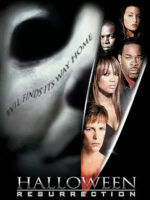 The Halloween: Resurrection movies poster shows Michael Myers' face. Again, a blade reflects the cast members' faces.