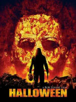 Rob Zombie's Halloween movie poster shows a orange mosaic of images and articles forming Michael Myers' face. In the foreground is a silhouette of Michael holding a weapon in one hand and what seems to be a head in the other.