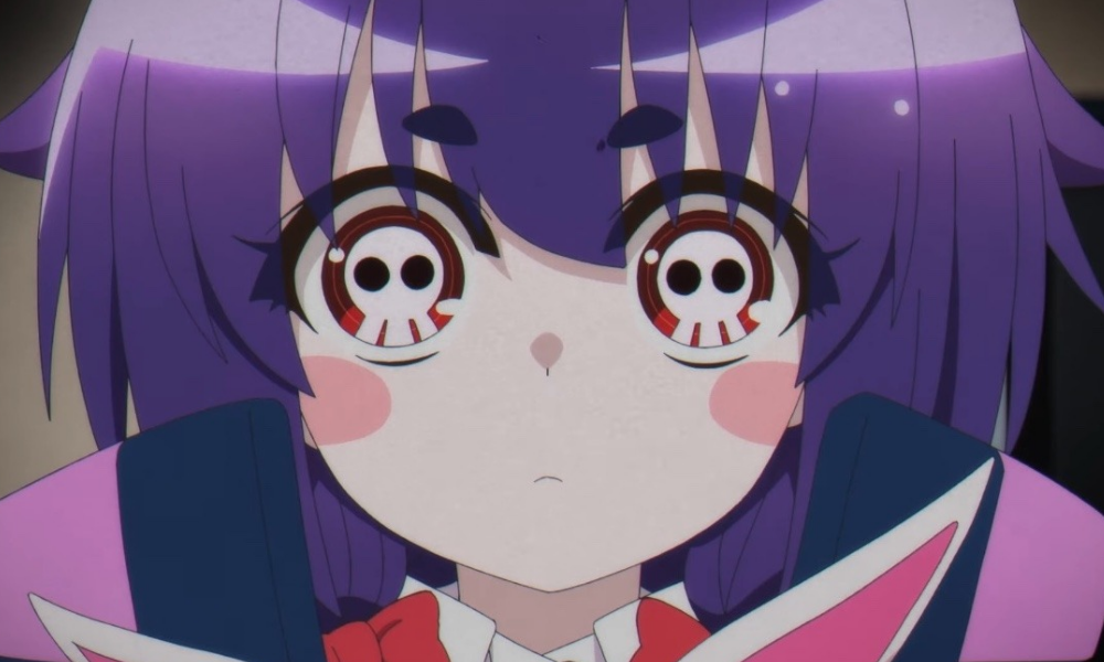 An anime girl with purple hair, bangs, and a skull design where her pupils should be.