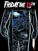 On the Friday the 13th (1980) movie poster, machete-wielding killer's silhouette outlines a dark forest scene.