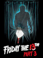 On the Friday the 13th Part 3 movie poster, hulking killer Jason Voorhees, silhouetted by a sheer curtain, thrusts his machete toward the viewer.