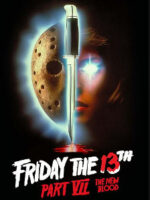 On the movie poster for Friday the 13th Part 7, half of Jason's mask and half of a child's face form one glowing head—with a dagger splitting them down the middle.