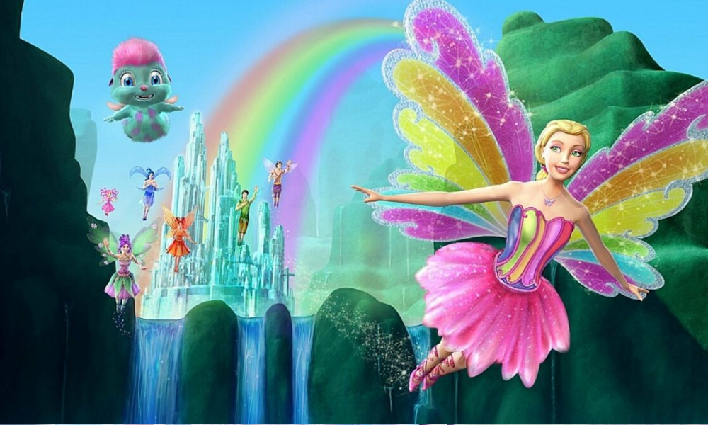 Barbie in a pink dress with rainbow wings, flying next to a teal and pink furry fairy creature (Bibble)