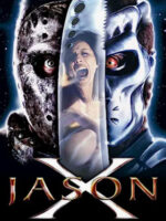 The movie poster for Jason X shows Jason's head—one half regular Jason, one half cyborg Jason—with a dagger separating the halves. Reflected in the blade is a screaming woman.