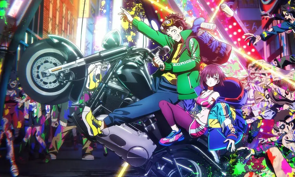 An anime man in a green jacket riding a motorcycle through a zombie apocalypse. He is smiling despite the circumstances.