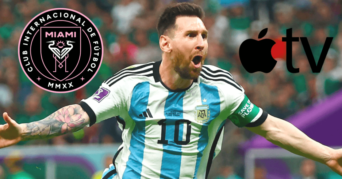 Lionel Messi after making a goal with Miami and Apply TV+ logos