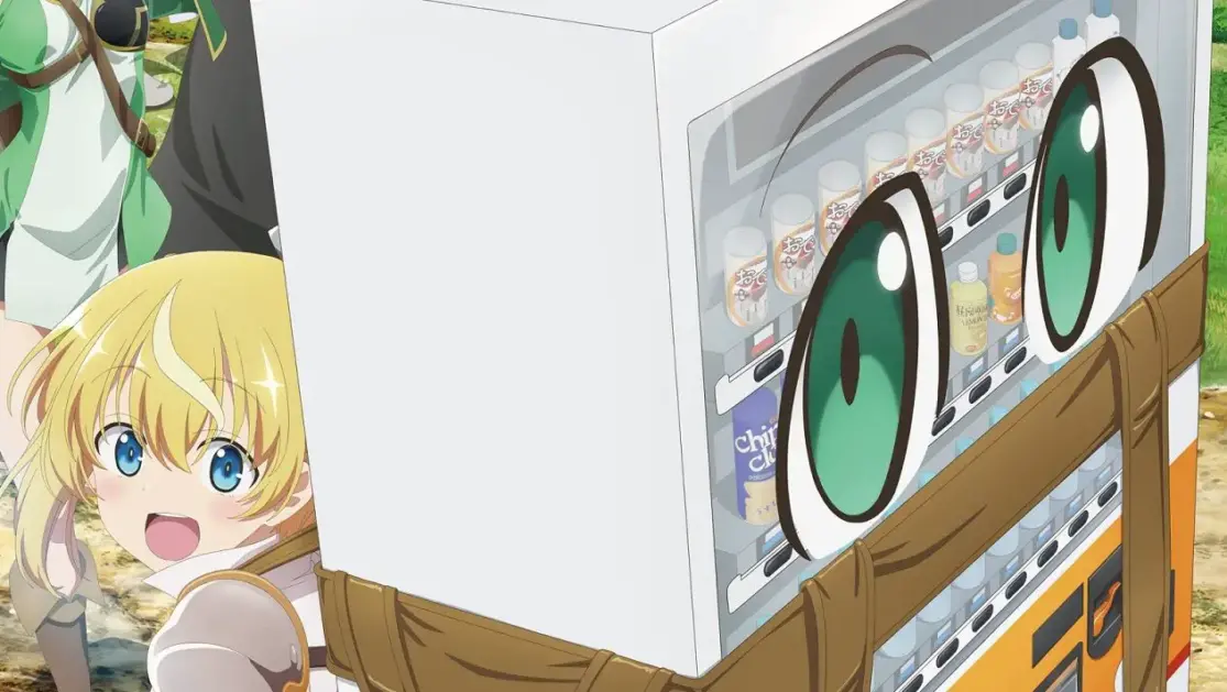 背中に大きな漫画的な目を持つ自動販売機を運ぶ金髪のアニメの女の子。