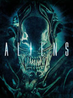 From behind the title Aliens, a blue-tinged Xenomorph alien bares its sharp teeth.