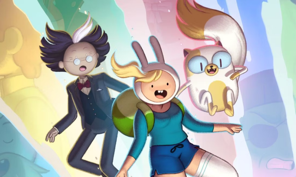 Simon (a scientist), Fionna (a girl with a rabbit ear hat), and Cake (a yellow and white cat) fall through the multiverse.