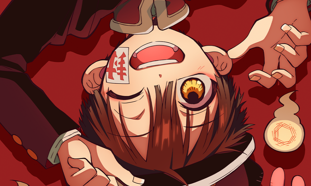 A boy in an old-fashioned Japanese school uniform, floating upside-down while winking. He's surrounded by spirits.