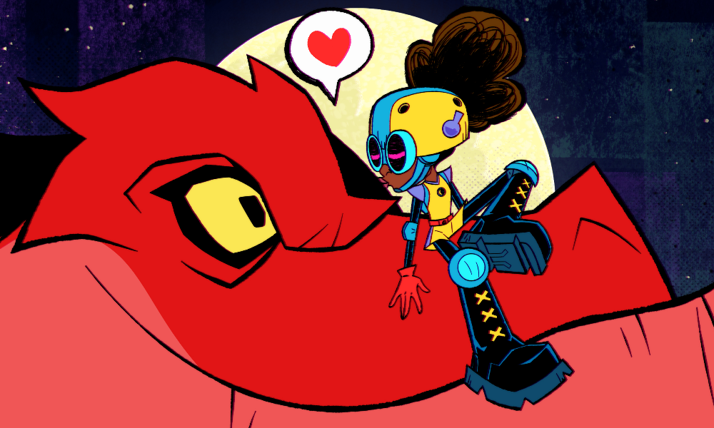 Moon Girl, a Black girl with a big puff of hair coming from a yellow helmet, kissing a giant red dinosaur (Devil) on the nose.