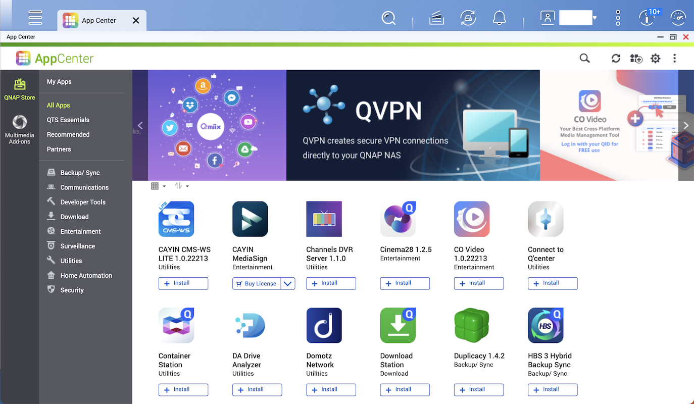 A screenshot of QNAP's app store.