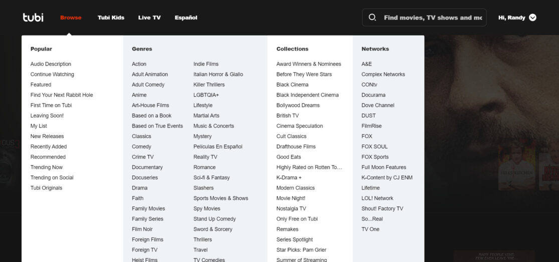 A screenshot of the Tubi categories revealed when you mouse over "browse" on Tubi's main menu.