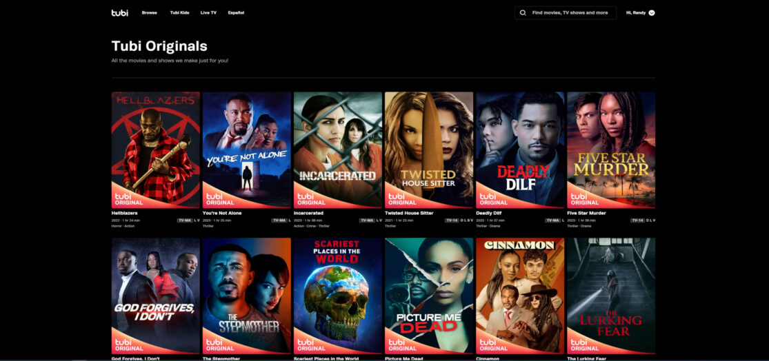 The Tubi original page showing thumbnails of 12 titles