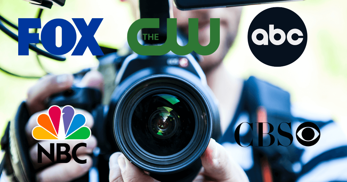 Cameraman holding video camera with logos of major networks overlaid