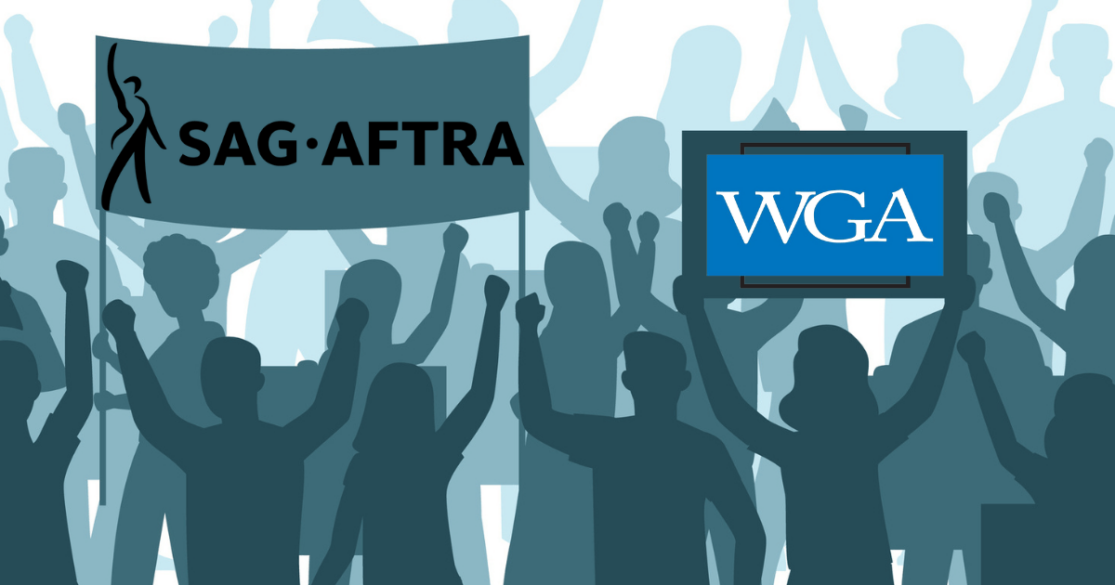 Silhouette of picketers hold up SAG and WGA strike signs