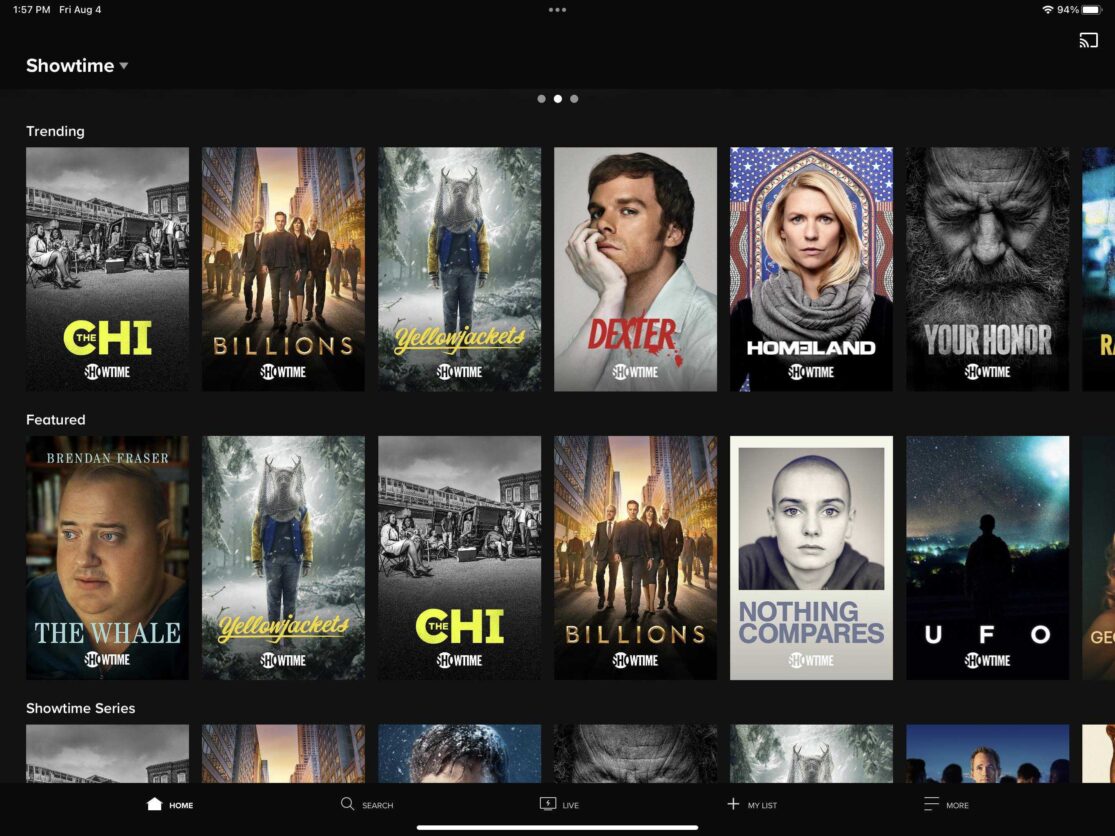 The SHOWTIME hub on the Paramount+ iPad app.