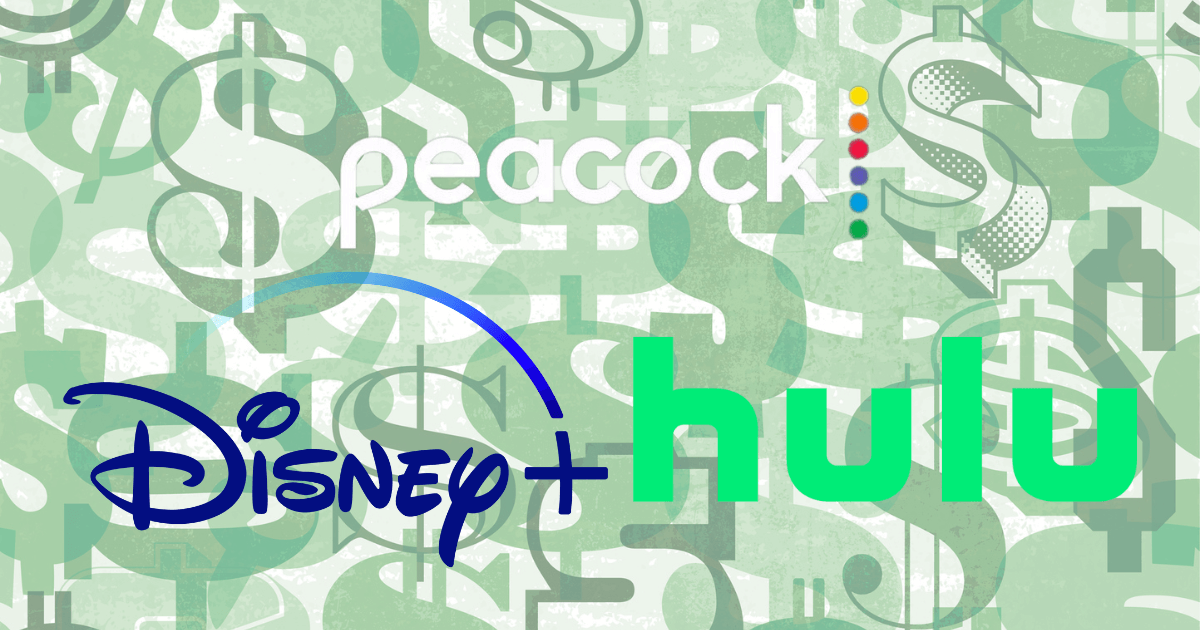 Logos for popular streaming services Peacock, Disney+, and Hulu