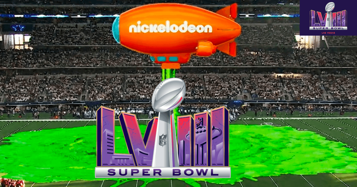 Nickelodeon blimp "sliming" the Super Bowl logo on a football field