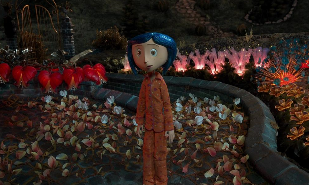 Coraline, a stop-motion animated girl with blue hair.