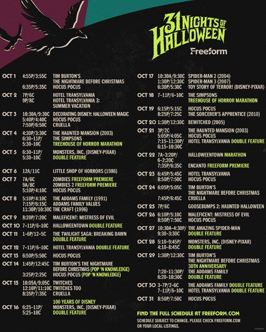 An abridged 31 Nights of Halloween Schedule. The full list can be found in text form at freeform. com.